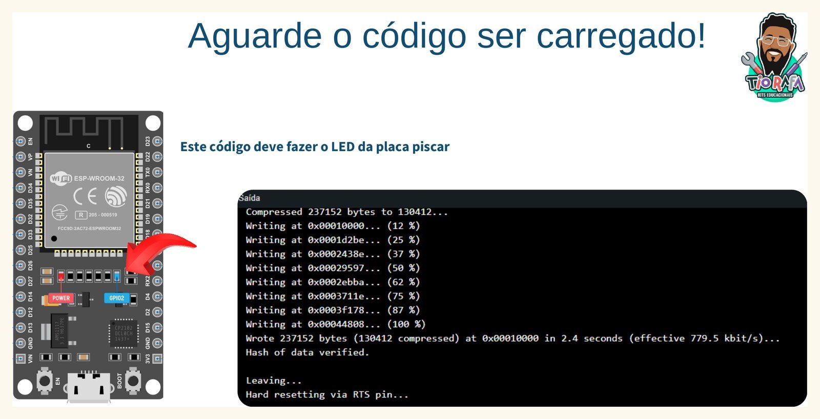 Aguardando o código ser carregado no ESP32, com a saída do upload