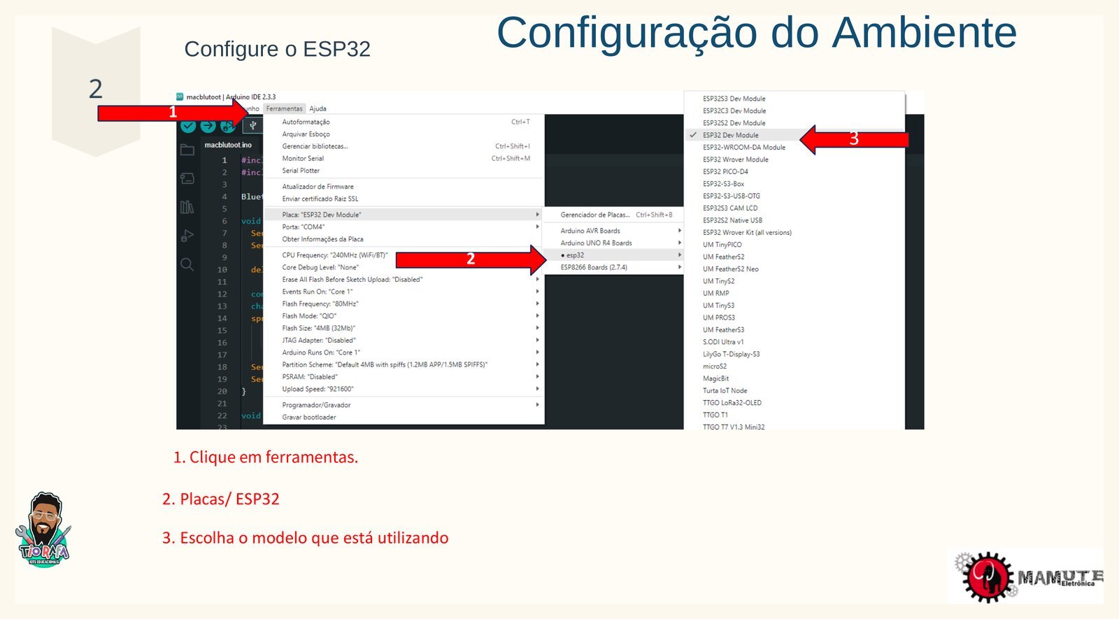 Selecionando o modelo da placa ESP32 no menu Ferramentas