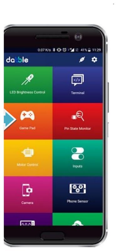 Aplicativo Dabble com seus módulos: Game Pad, Motor Control, LED Brightness Control e outros